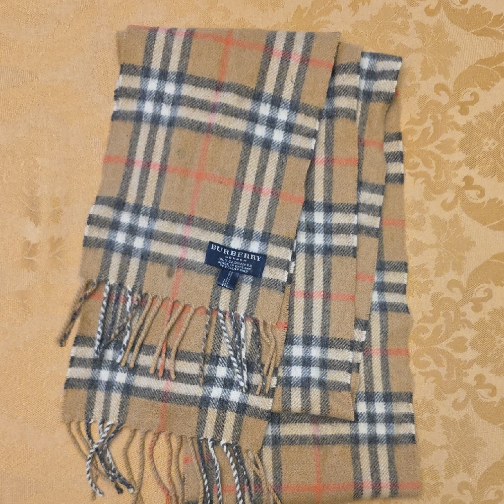 Burberry Tan and Black Check Scarf with Fringe